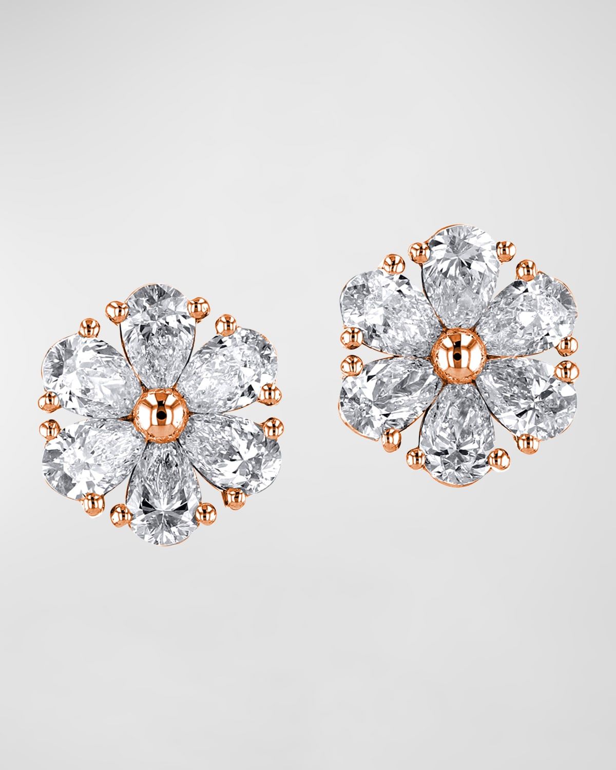 18K Gold Pear-Shaped Diamond Flower Stud Earrings, 2.4tcw, 0.45"L / 0.45"W