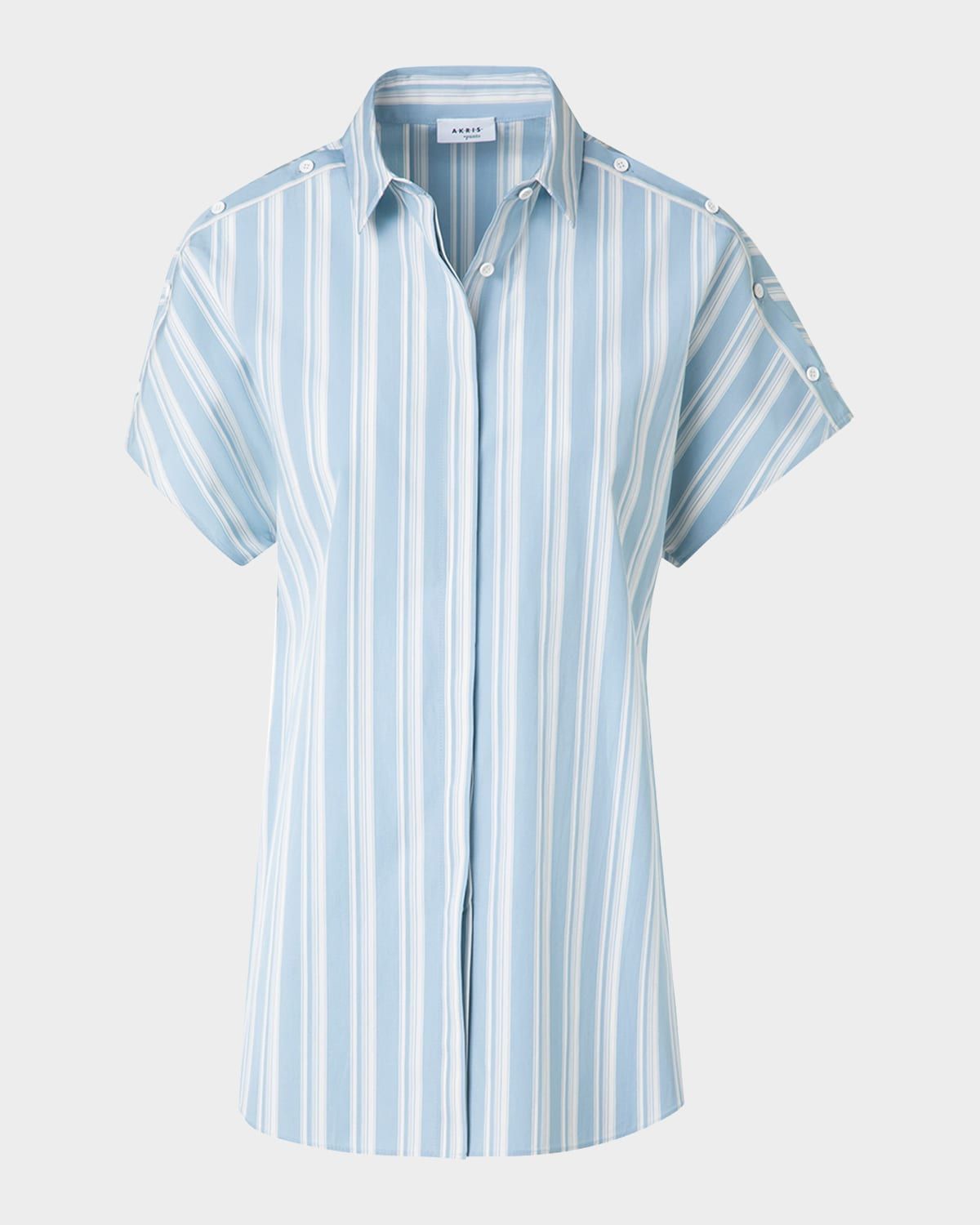 Striped Poplin Short-Sleeve Button-Shoulder Blouse