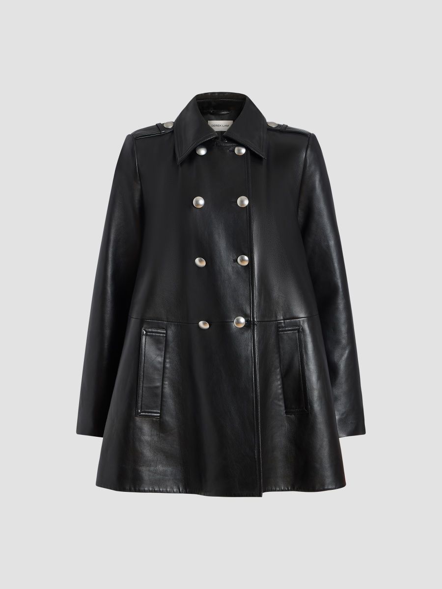 Women's Juniper Leather Double-Breasted Swing Coat - Black - Size 8