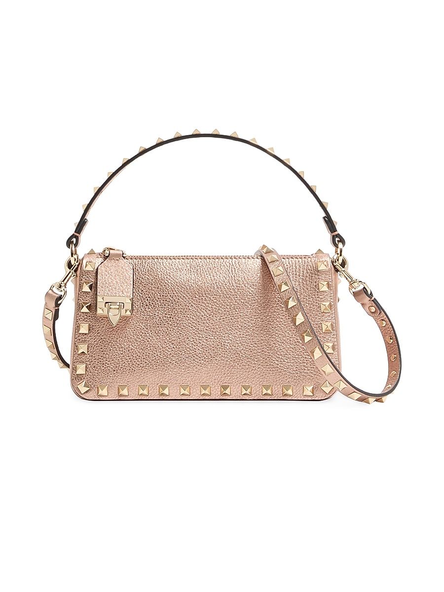 Women's Rockstud Small Crossbody Bag in Laminated Grainy Calfskin Leather - Rose Cannelle