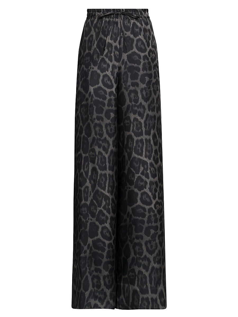 Women's Leopard Silk Wide-Leg Pajama Pants - Ash Grey - Size 0