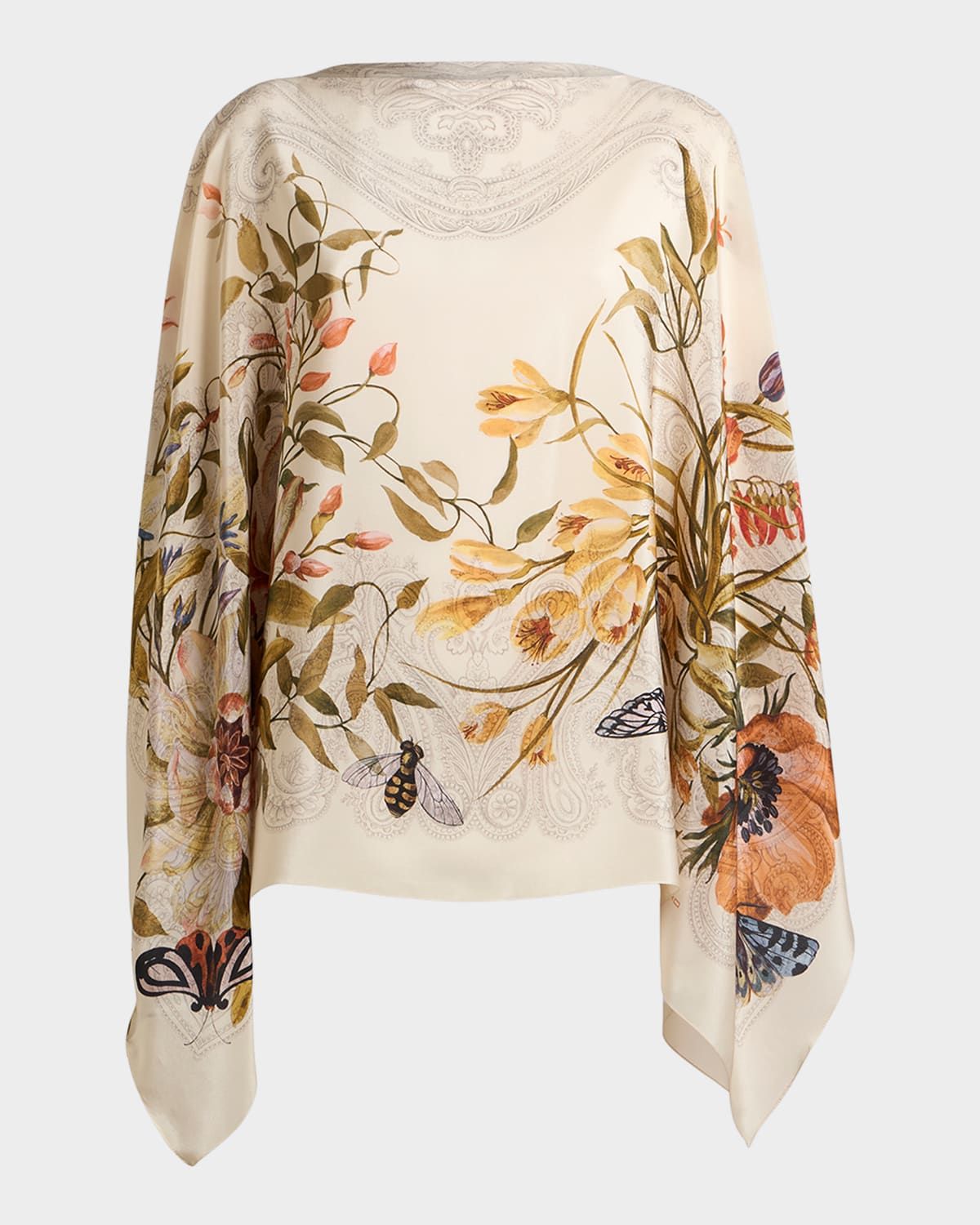 Floral-Print Silk Poncho Top