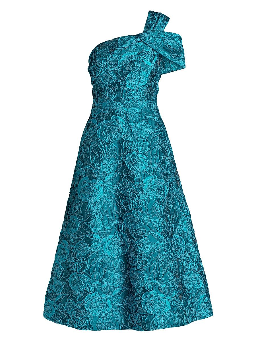 Women's Floral Jacquard One-Shoulder A-Line Midi-Dress - Turquoise - Size 14