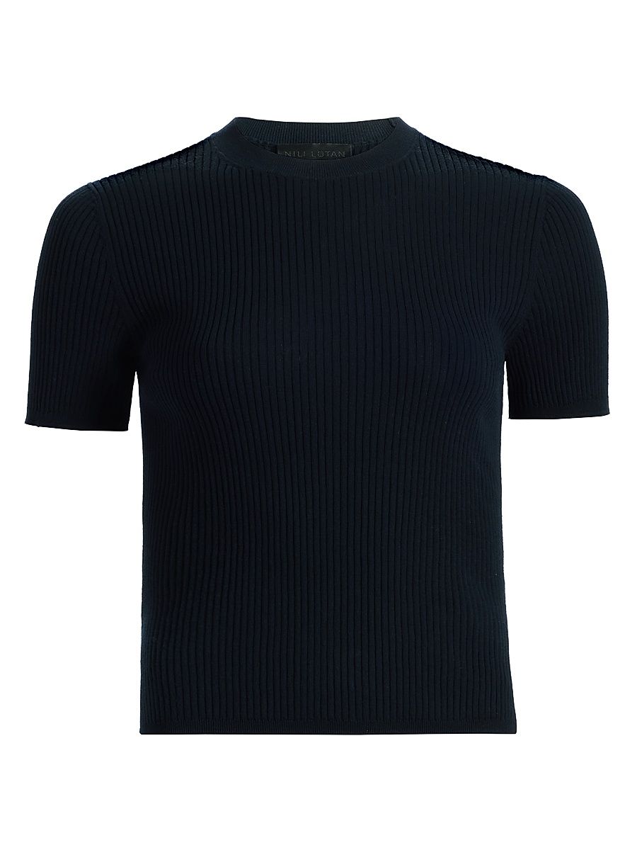 Women's Dorset Rib-Knit Cotton Short-Sleeve Sweater - Dark Navy - Size XL