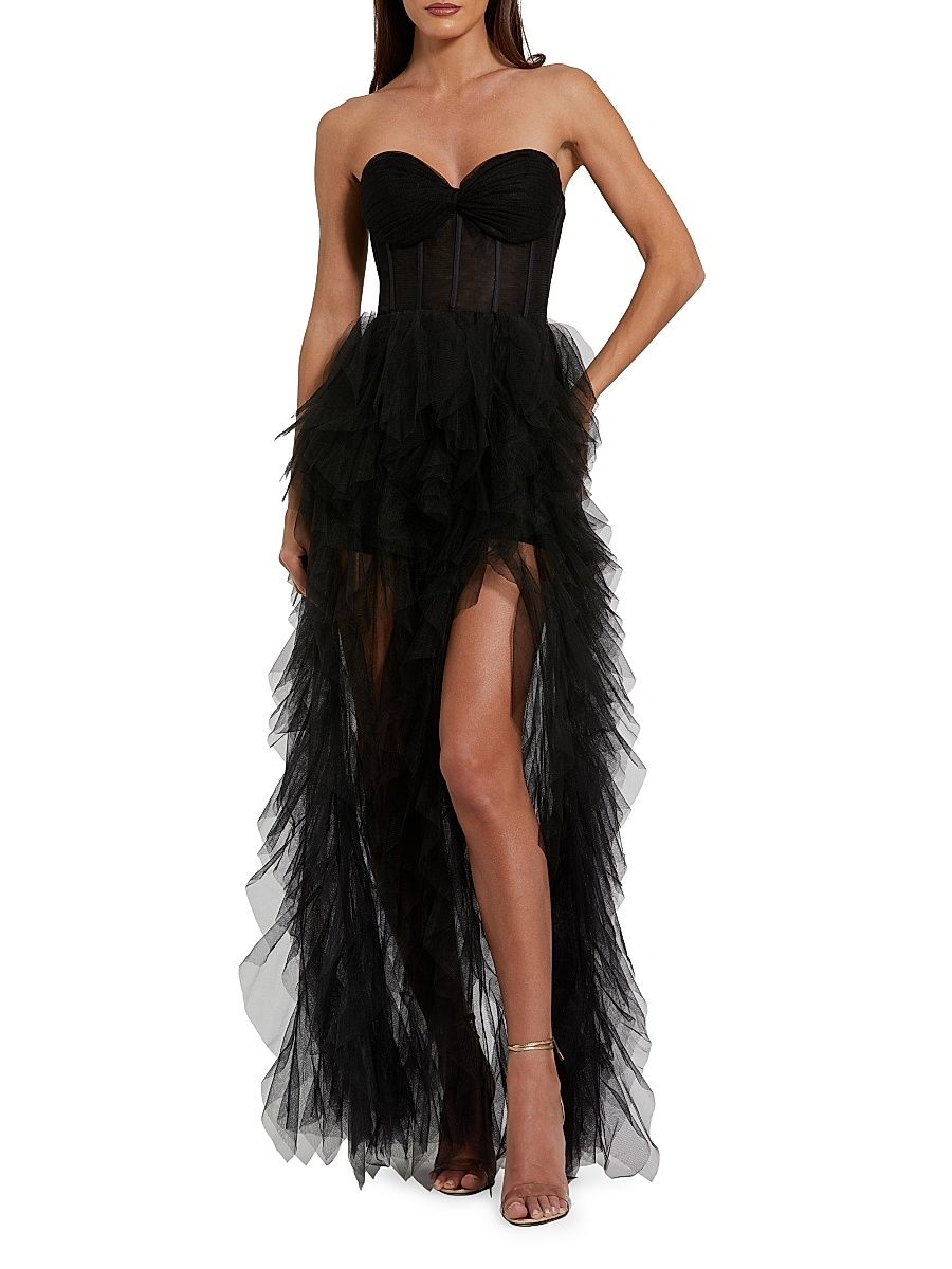 Women's Tulle Strapless Bustier Ruffled Gown - Black - Size 12