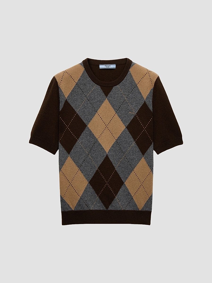 Women's Short-Sleeved Argyle Cashmere Sweater - Brown - Size 12
