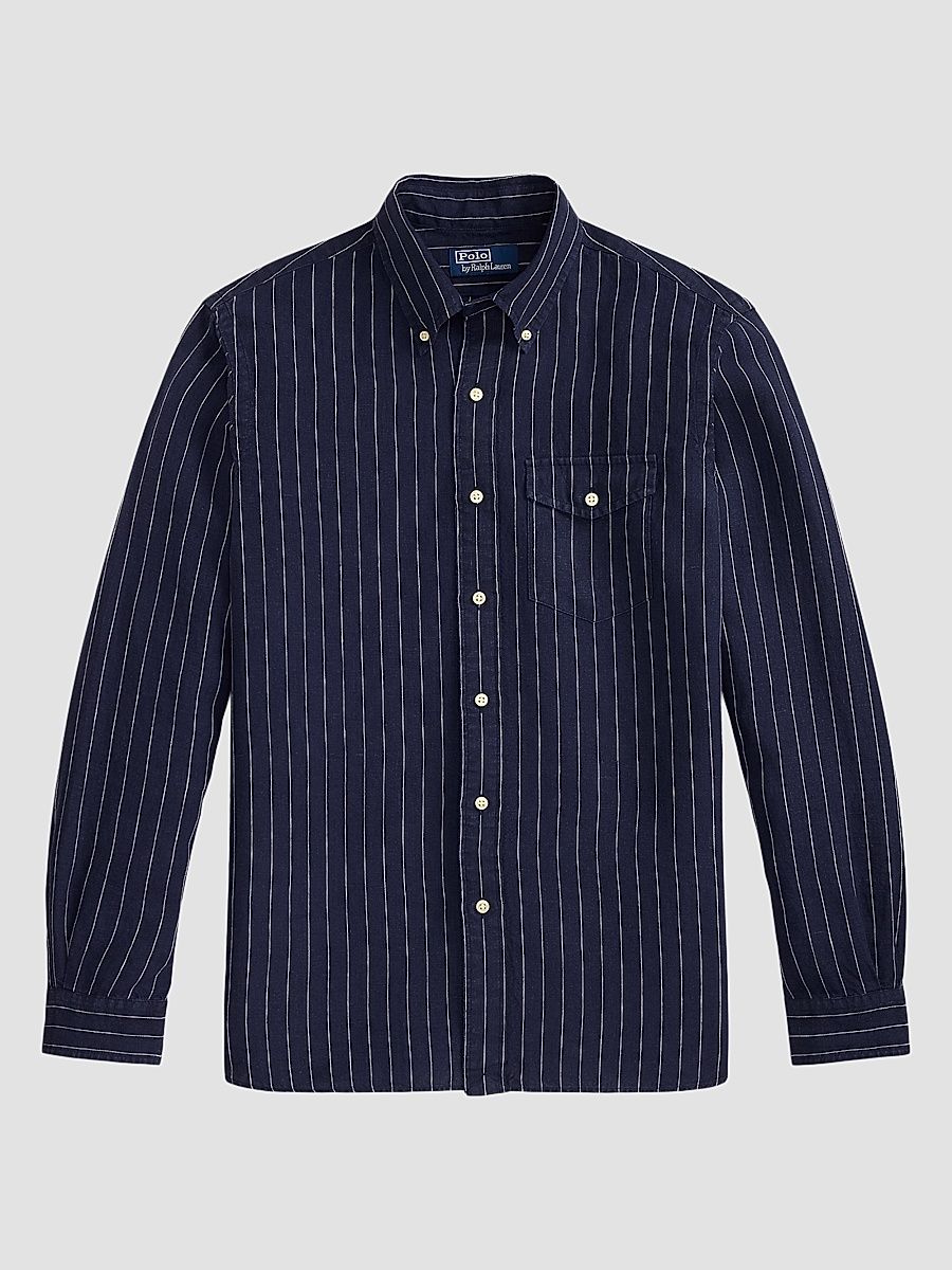 Men's Classic-Fit Stripe Linen Pocket Shirt - Navy White - Size XXL