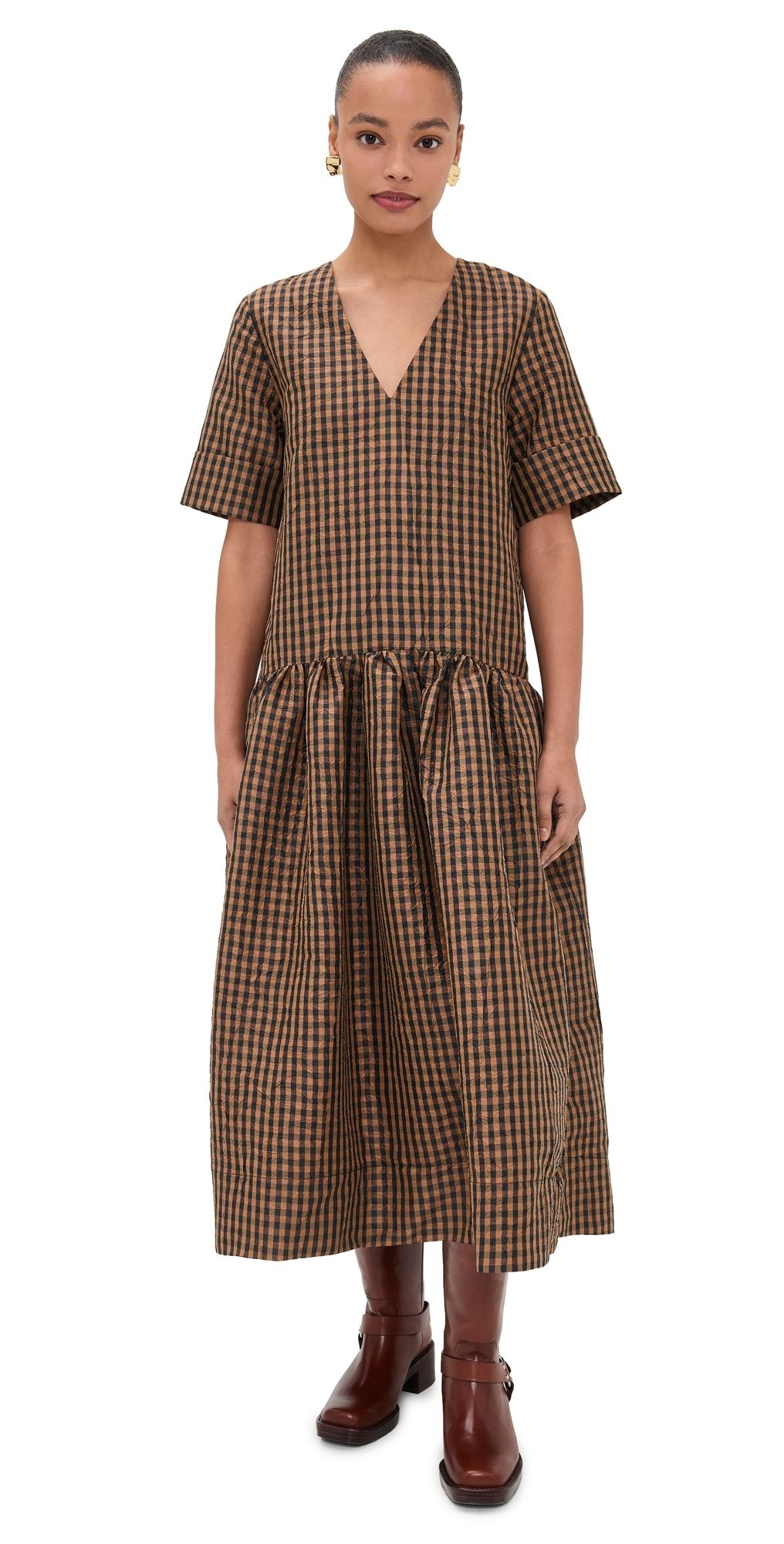 GANNI Crinkled Taffeta Check Long Dress Tobacco Brown 38