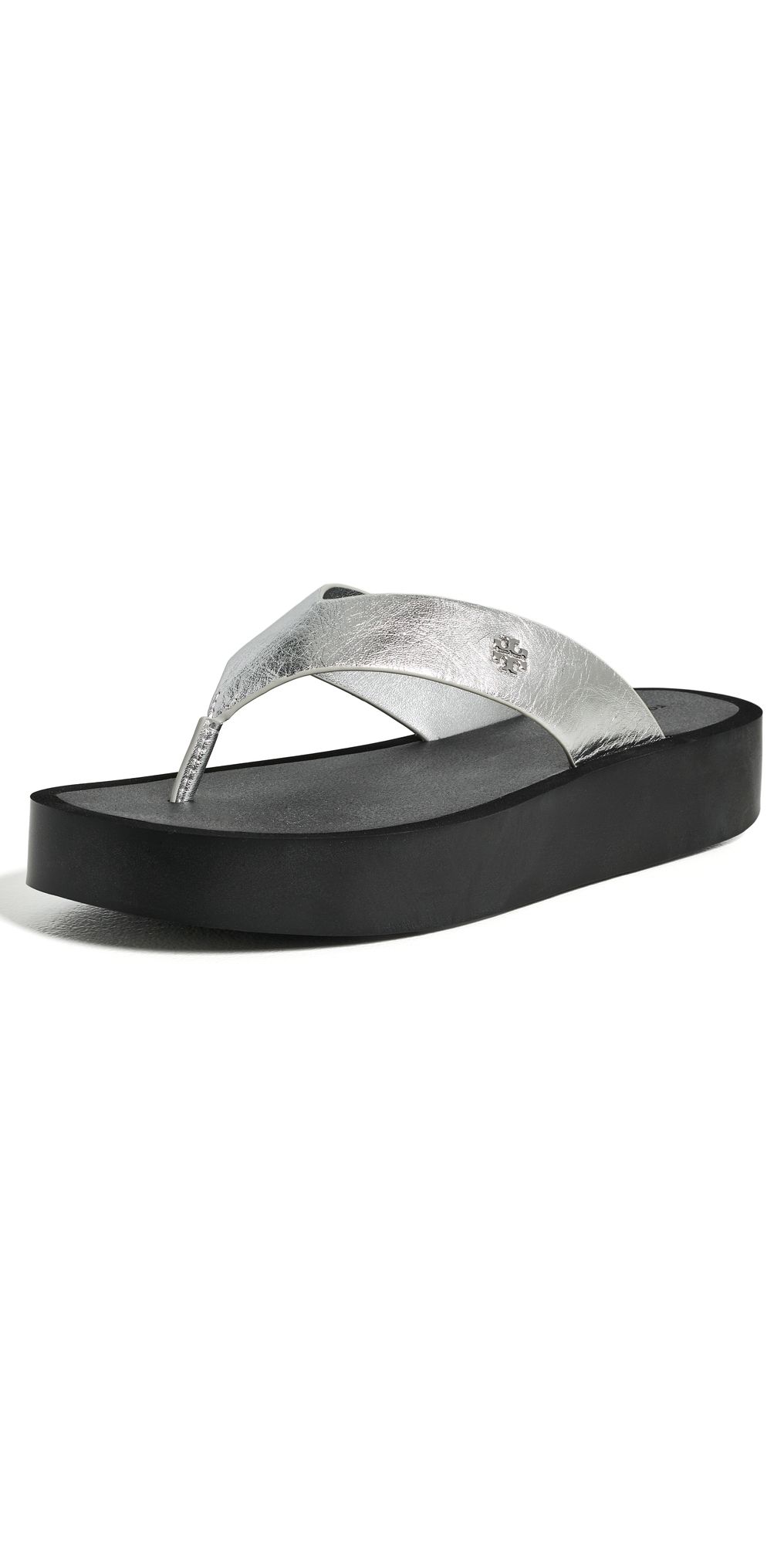 Tory Burch Leather Platform Flip Flops Silver/Perfect Black 13