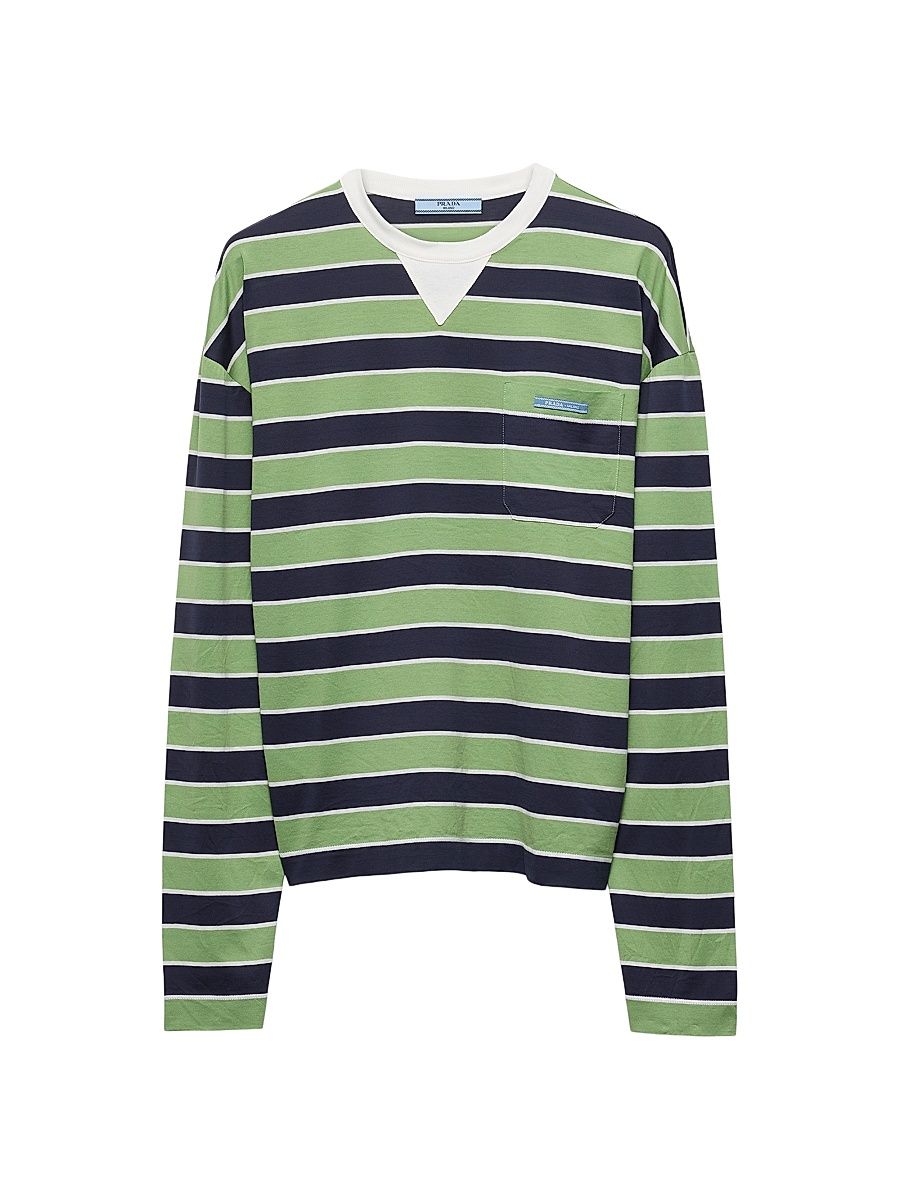 Women's Long Sleeved Bayadere Striped Lisle Cotton T-Shirt - Blue - Size 8