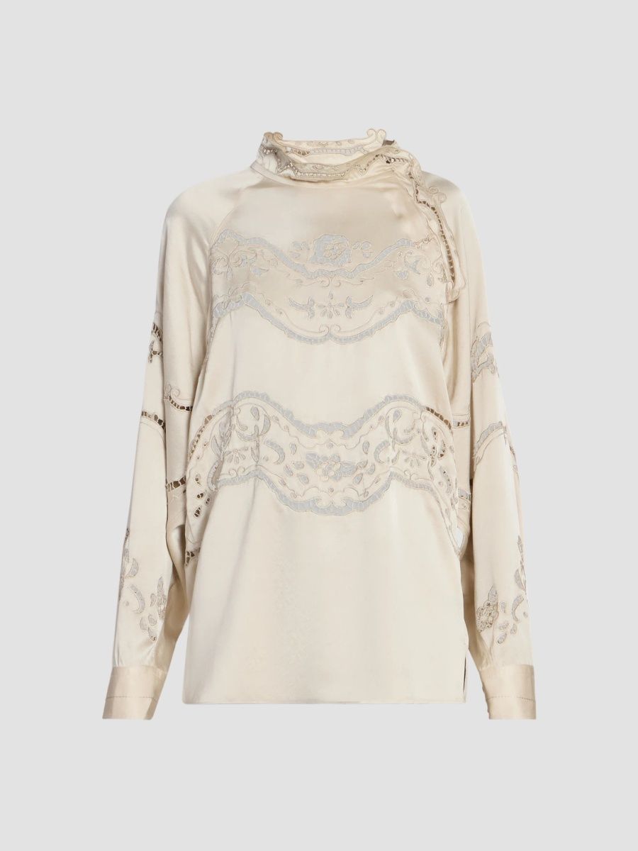 Isabel Marant Women's Enelia Embroidered Stretch-Silk Top - Champagne - Size 8