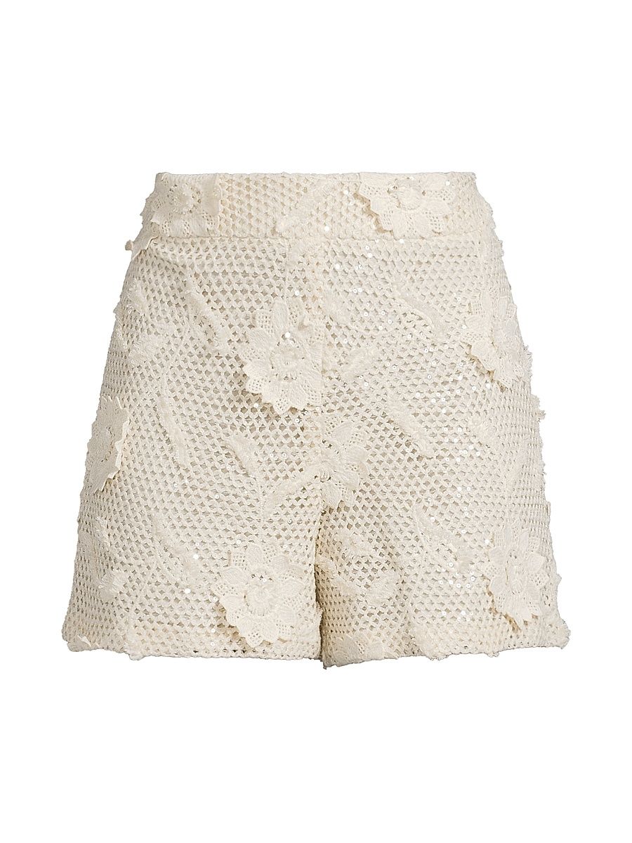 Women's Sequin Crochet Shorts - White - Size Large