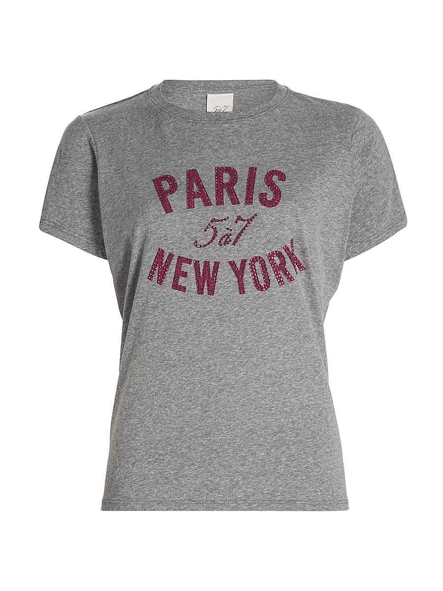 Women's Paris NY Rhinestone Logo T-Shirt - Heather Grey Deep Berry - Size Small