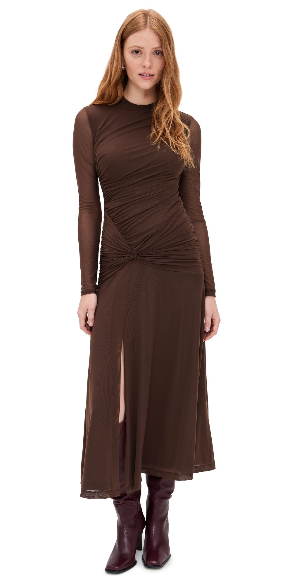 WAYF Selene Ruched Long Sleeve Dress Chocolate XL