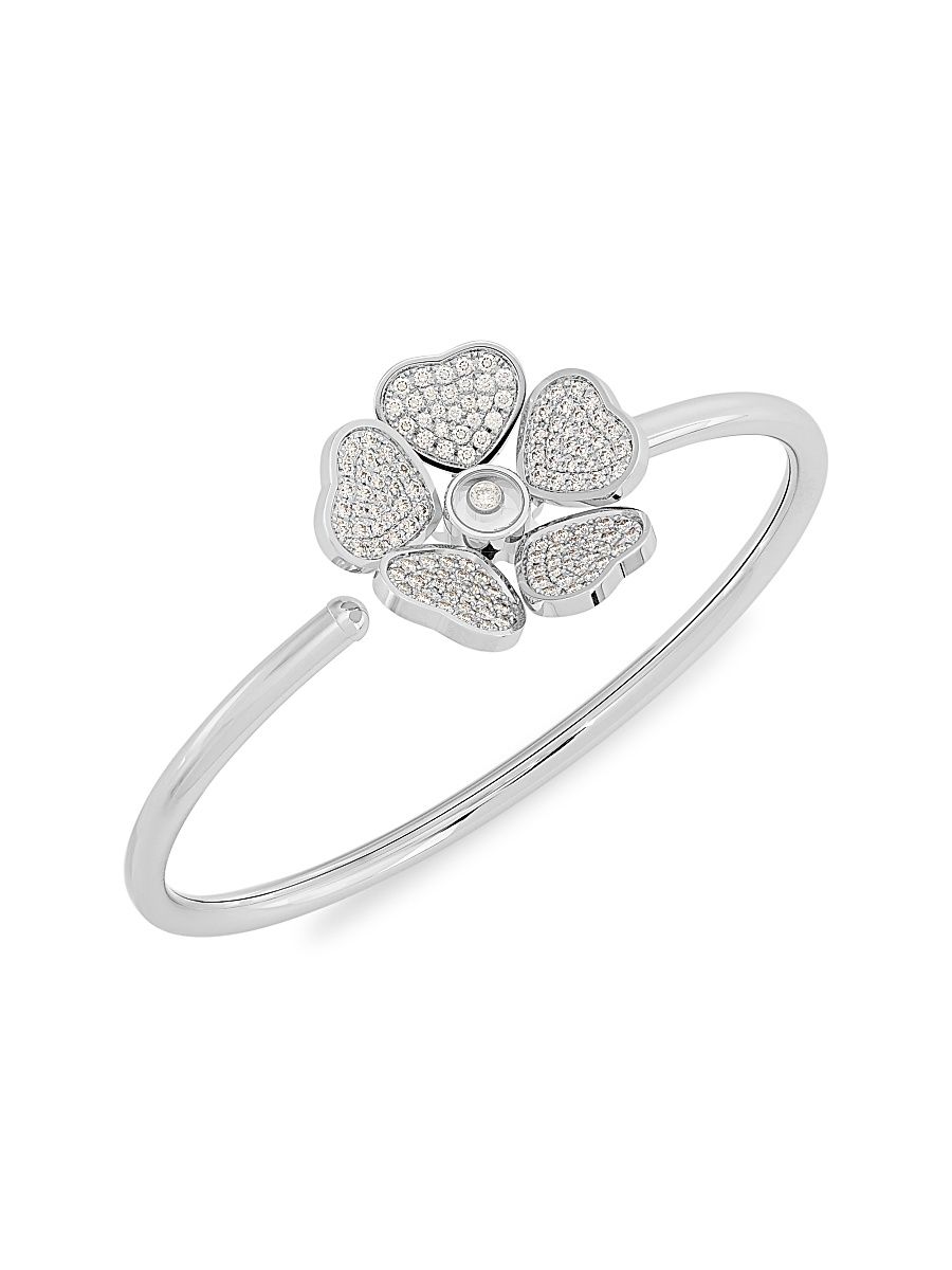 Women's Happy Hearts Flowers 18K White Gold & Diamond Bangle - White Gold - Size Medium