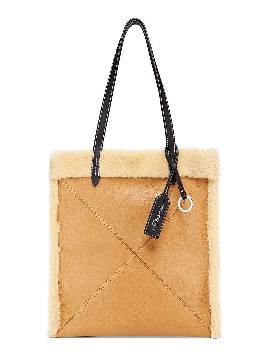 Women's Slim Shearling-Trimmed Leather Tote Bag - Ivory Camel