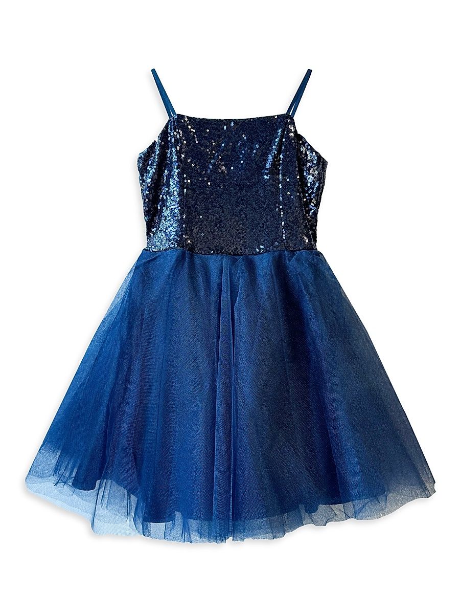 Girl's Sequin Fit-And-Flare Tulle Dress - Navy - Size 16