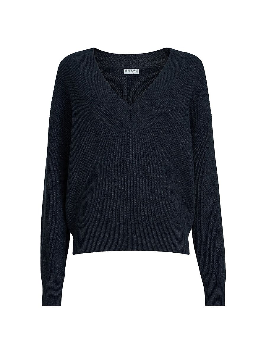 Women's Sparkling Cashmere Ribbed Sweater - Blue - Size XXS