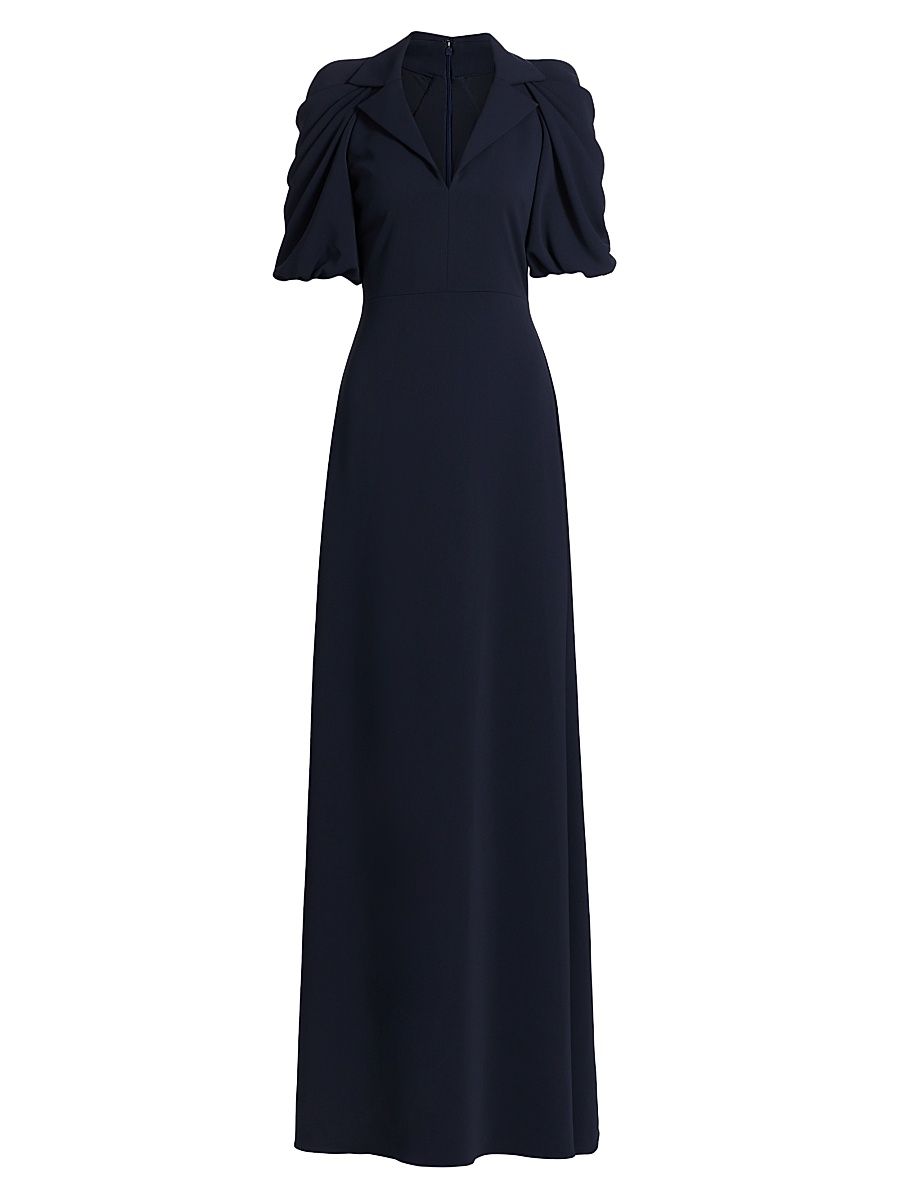Women's Crepe Puff-Sleeve Evening Gown - Navy - Size 8