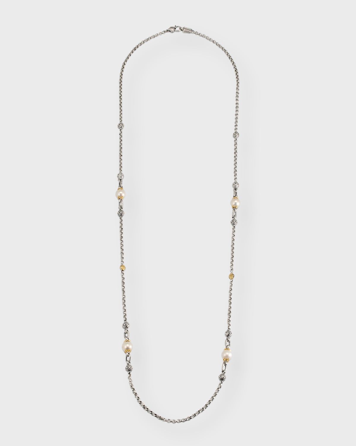 Sterling Silver and 18K Gold Pearl Station Necklace, 36"