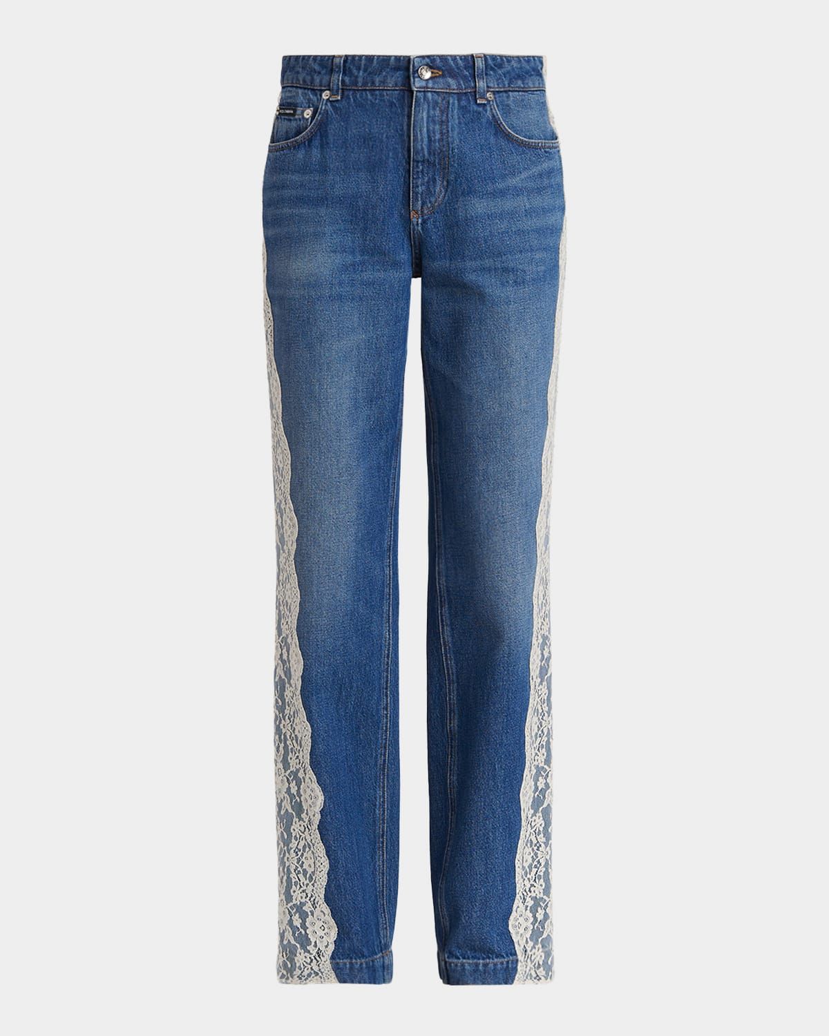 Lace-Trimmed Straight-Leg Denim Jeans