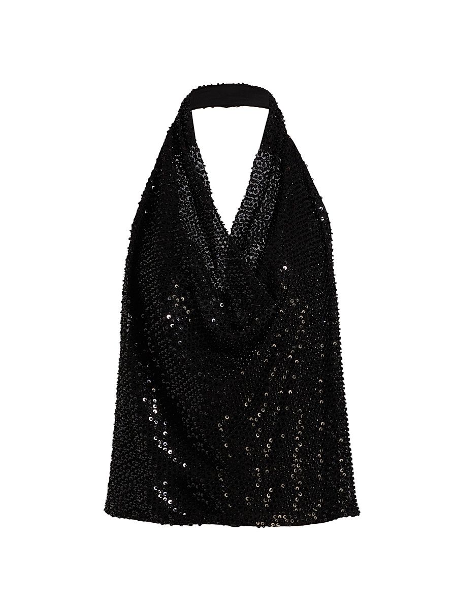Women's Alice Sequin Halterneck Top - Black Beaded Mesh - Size XL