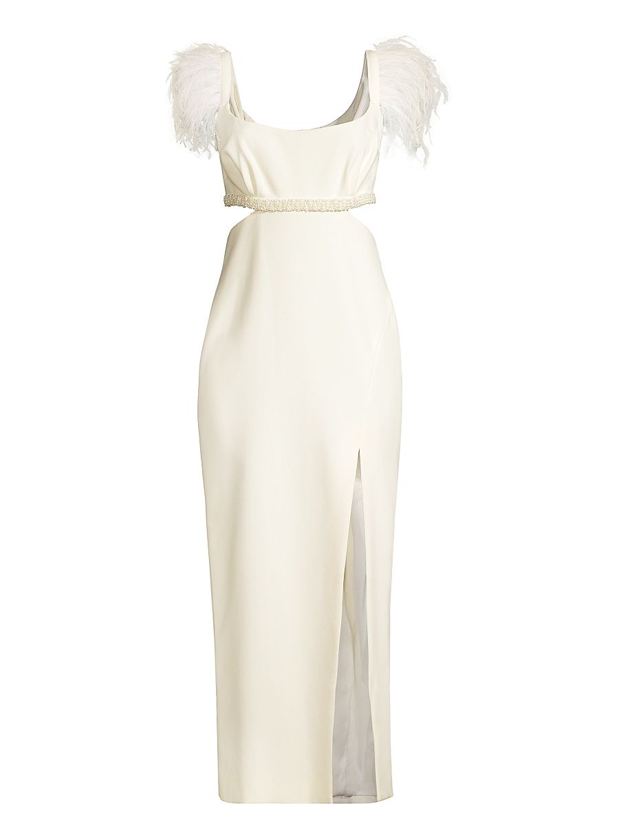 Women's Taliah Feather-Embellished Cut-Out Midi-Dress - White - Size 14