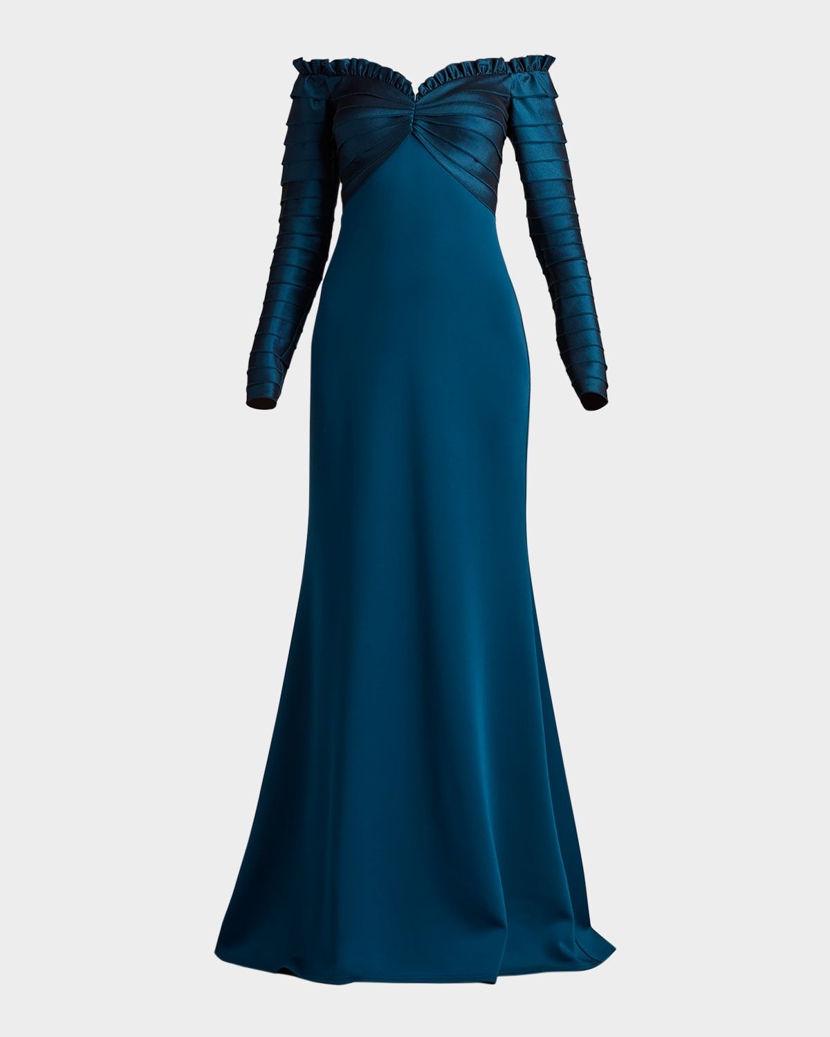 Off-Shoulder Pleated Taffeta and Crepe Gown