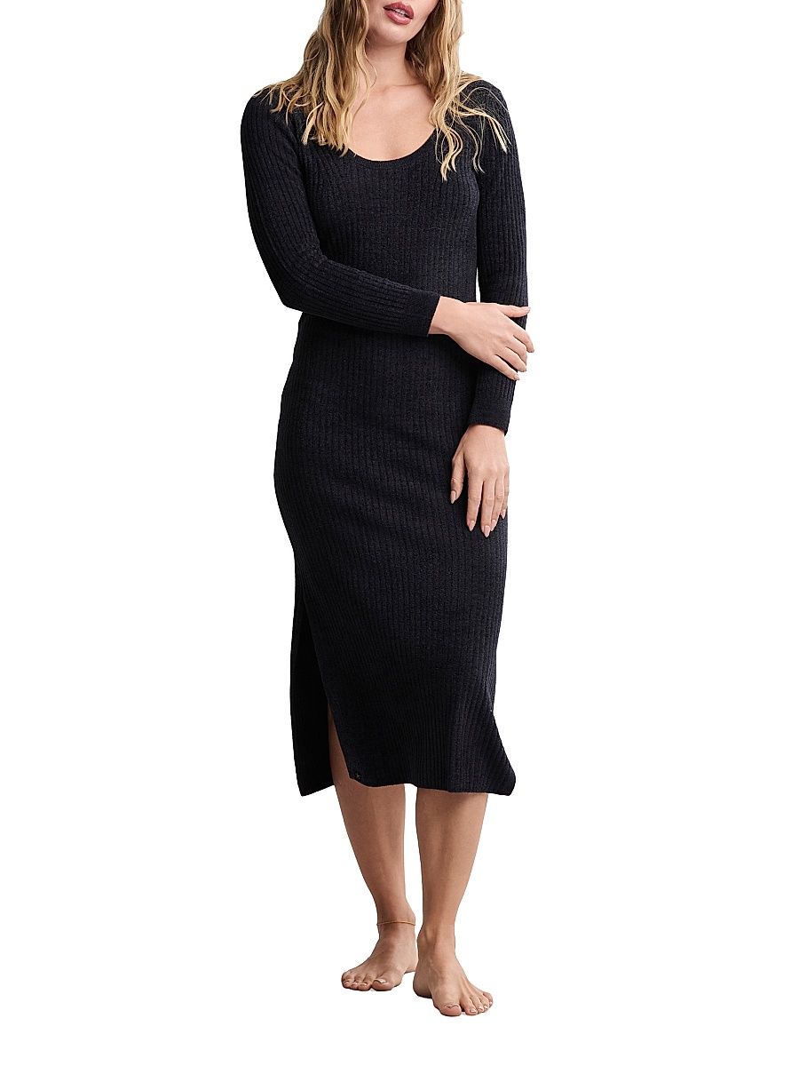 Women's CozyChic Ultra Lite Ribbed Scoopneck Lounge Midi-Dress - Black - Size XS