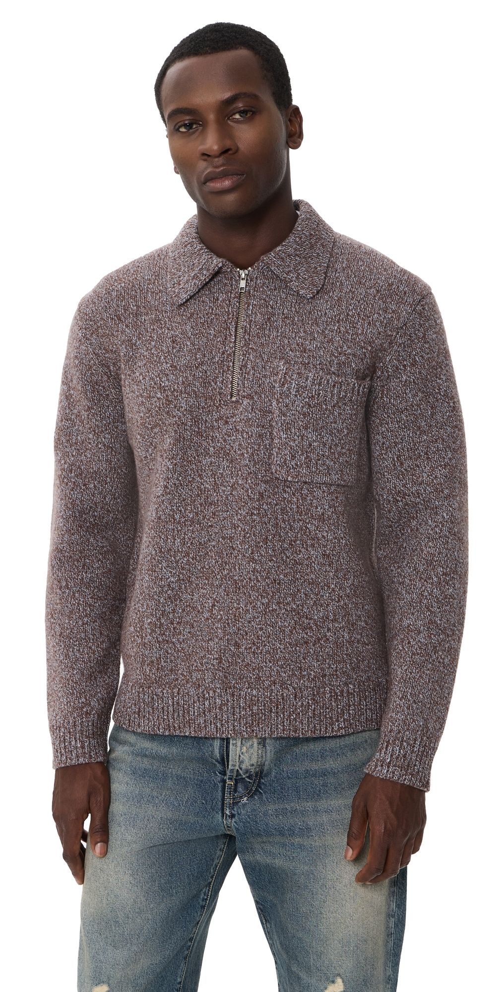 Wax London Alpha Zip Polo Sweater Brown/Grey L