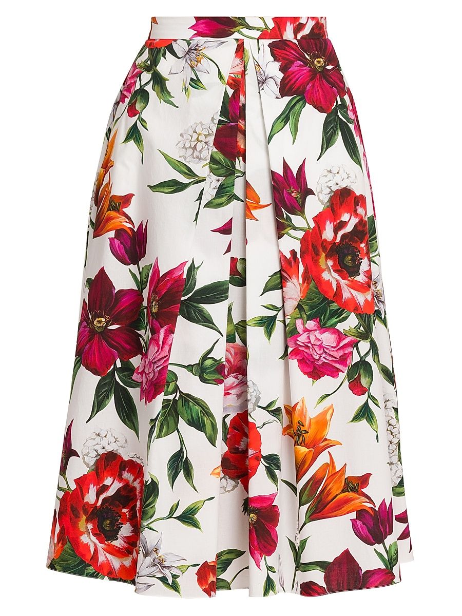 Women's Rafia Fiori Floral Pleated Cotton Poplin Midi-Skirt - White Print Flower - Size 12