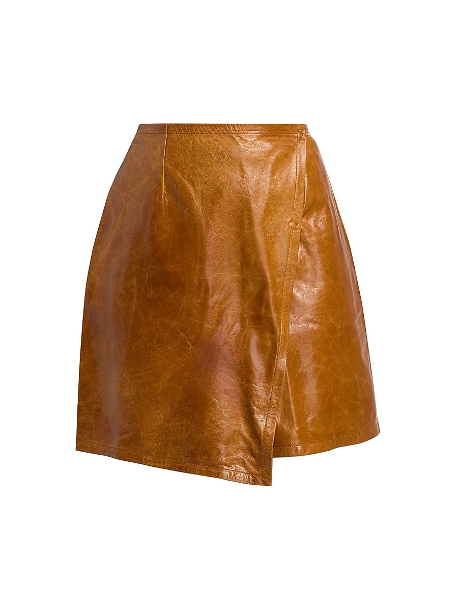 Women's Wrap-Style Leather Miniskirt - Cognac - Size 12