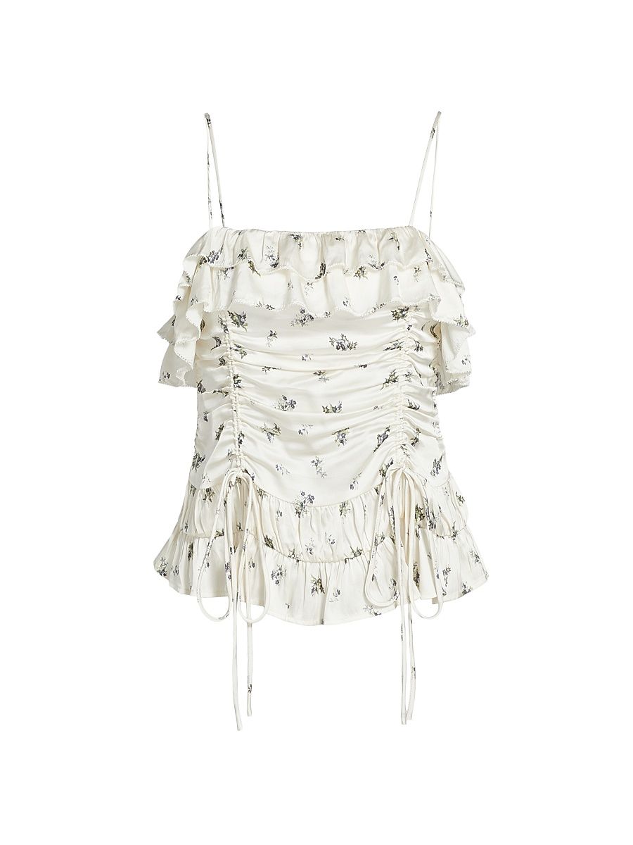 Women's Floral Gathered Ruffle Top - Egret - Size 10