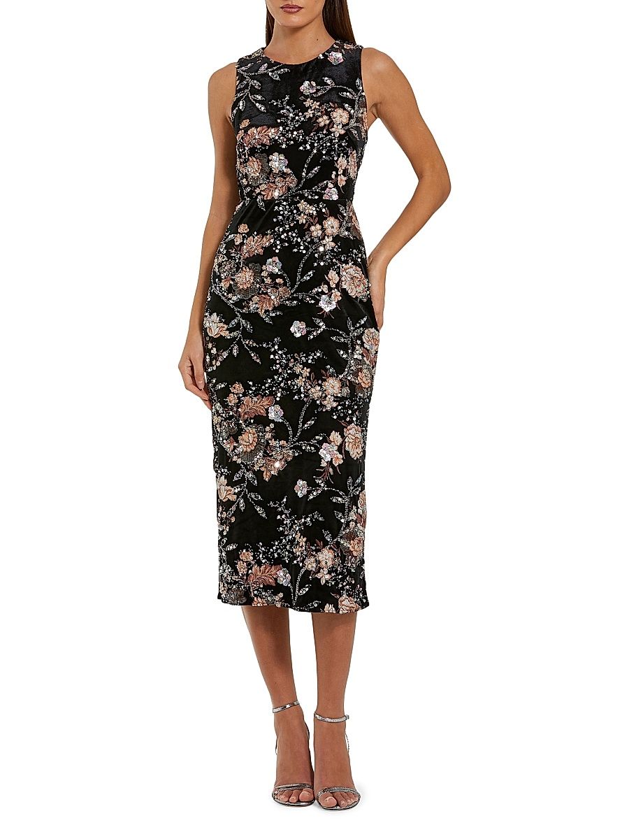 Women's Floral Embellished Velvet Cocktail Dress - Black Multi - Size 14