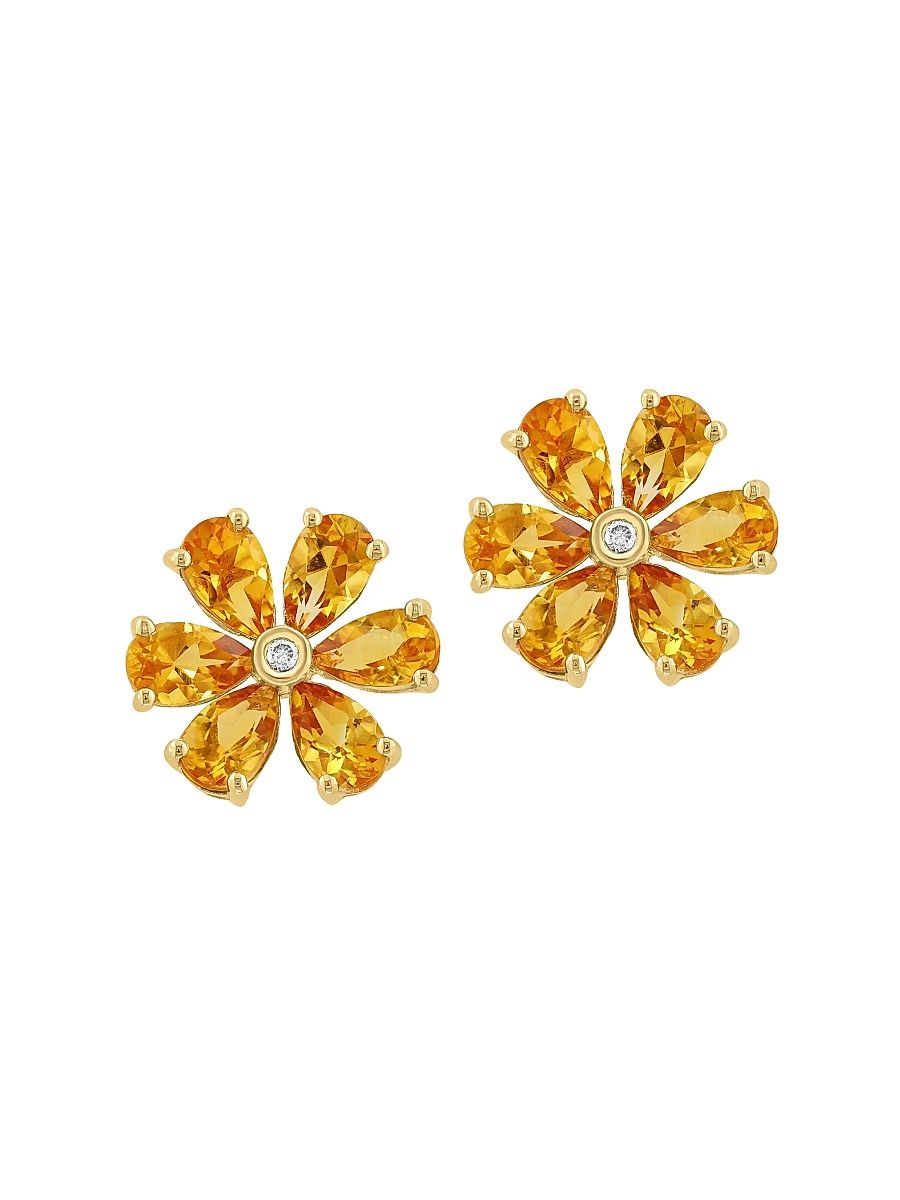 Women's 14K Yellow Gold, Citrine & 0.01 TCW Diamond Stud Earrings - Yellow Gold