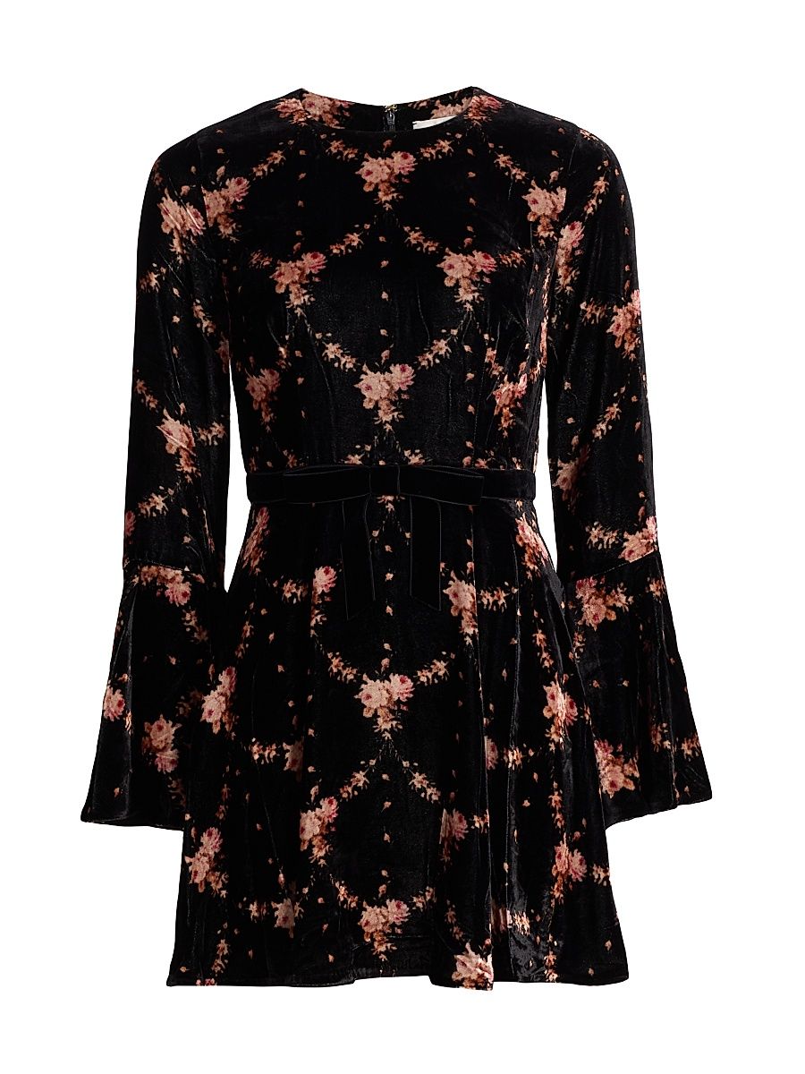 Women's Rosabella Floral Velvet A-Line Minidress - Trellis Black - Size Large