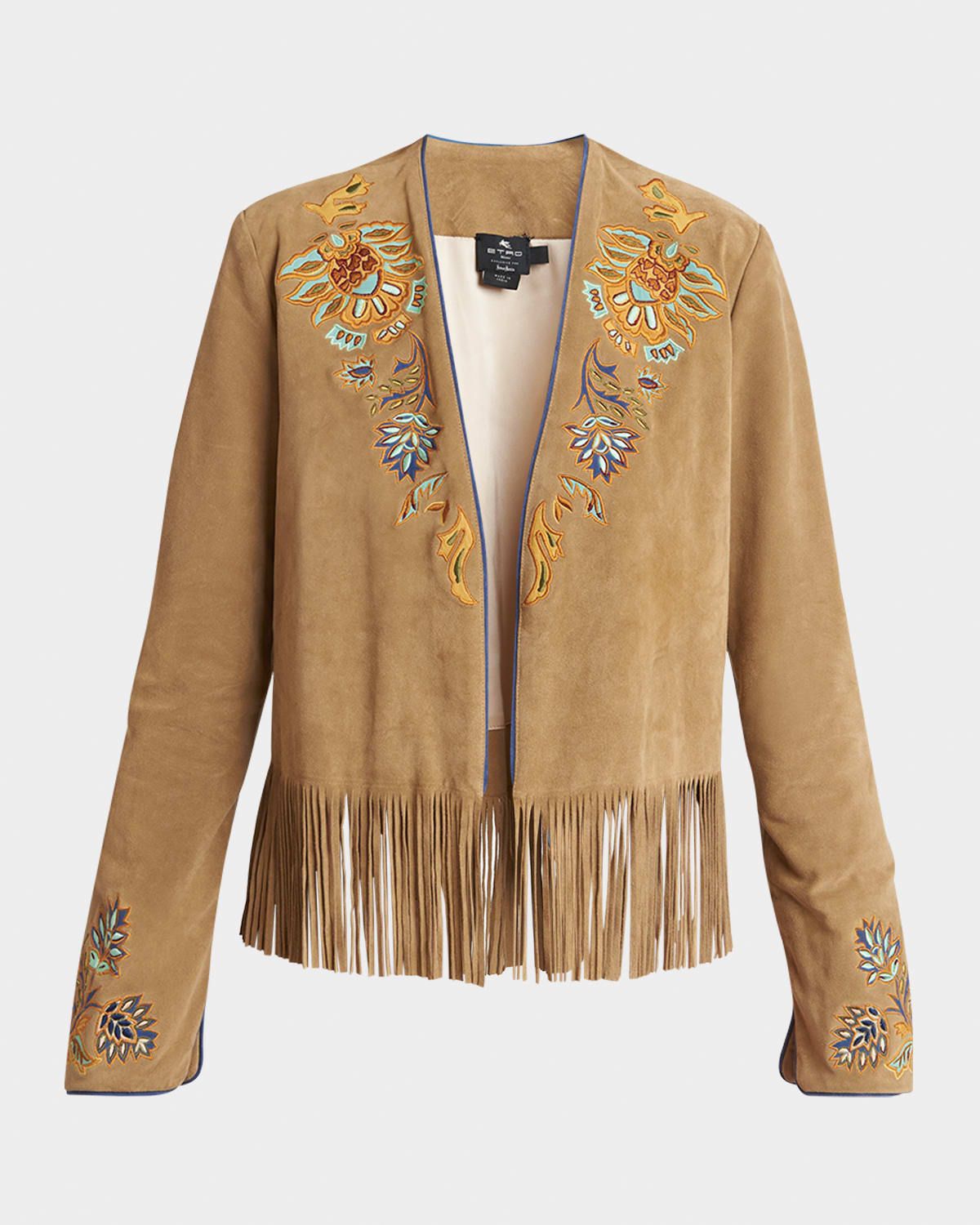 Embroidered Suede Fringe Open Jacket