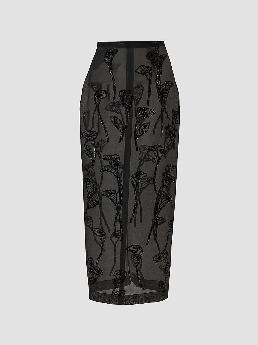 Women's Embellished Floral Silk Chiffon Pencil Skirt - Black - Size 10