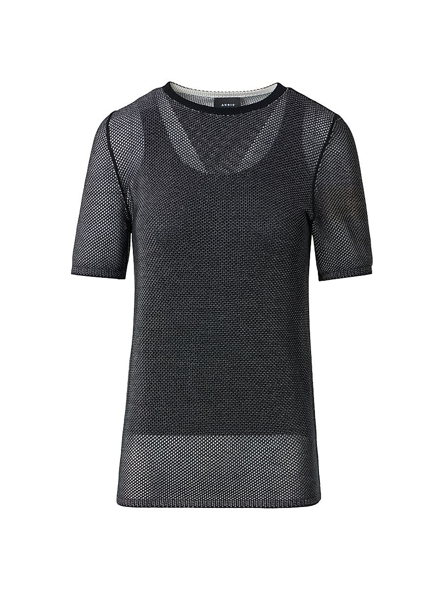 Women's Silk Grid Short-SleeveTop - Black White - Size 14