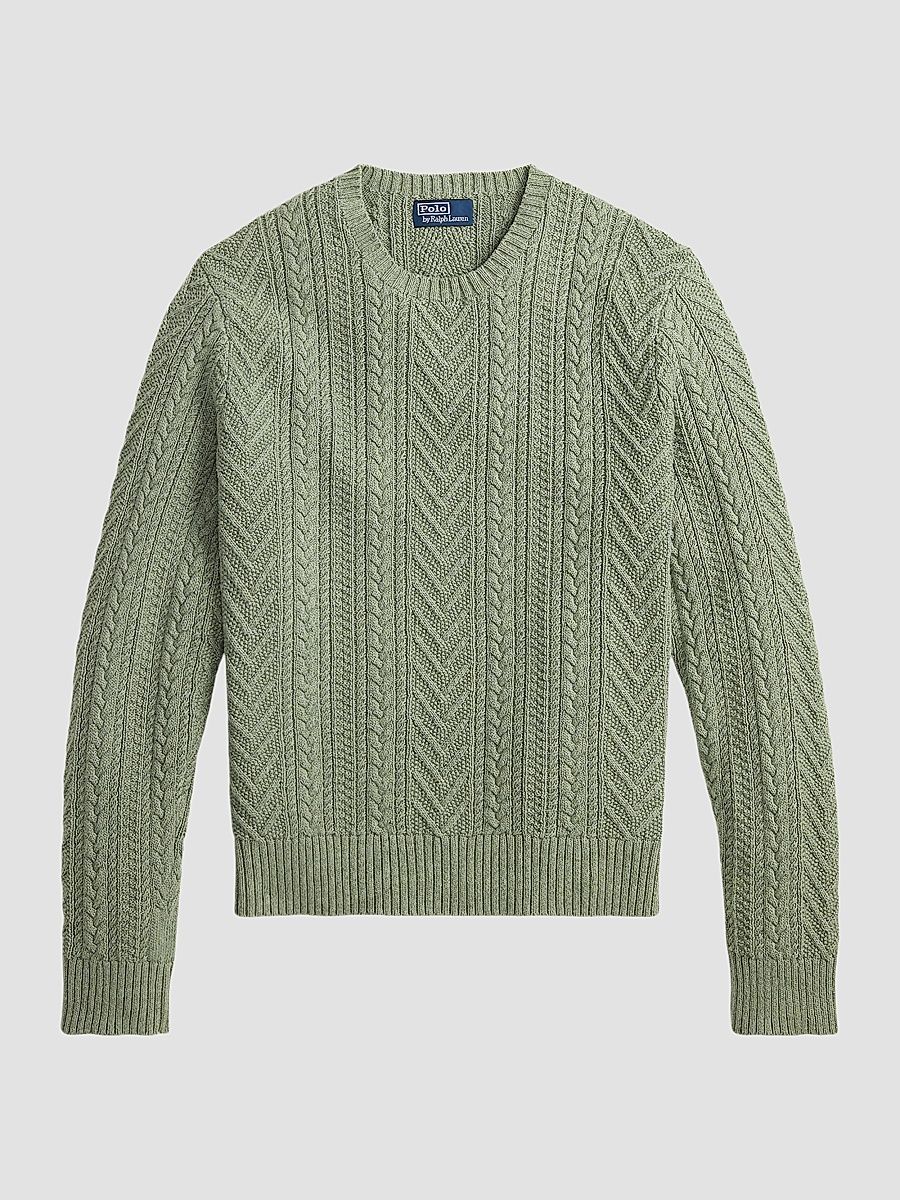 Men's Aran-Knit Cotton-Linen Sweater - Fern Green Combo - Size XXL