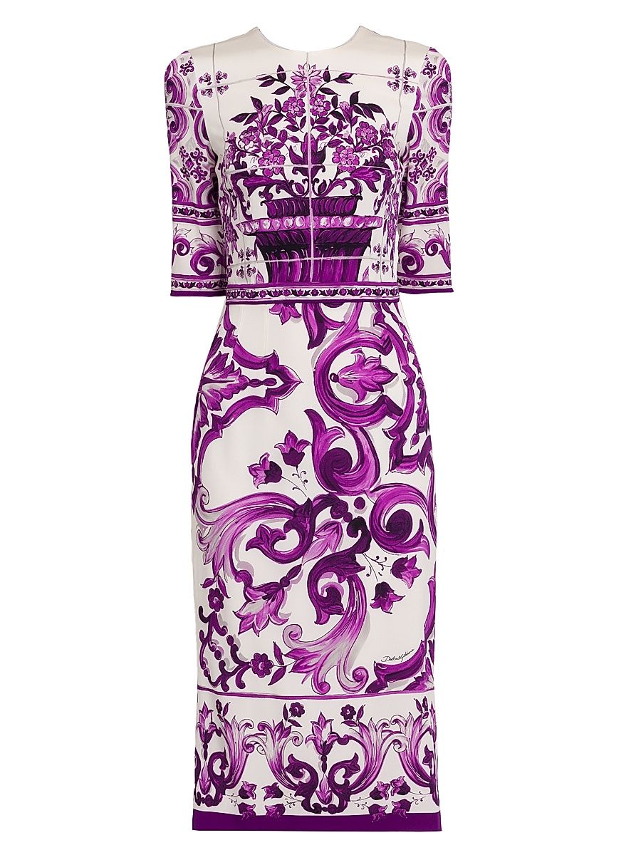 Women's Majolica Print Silk Midi-Dress - Mix Maiolica Viola - Size 4