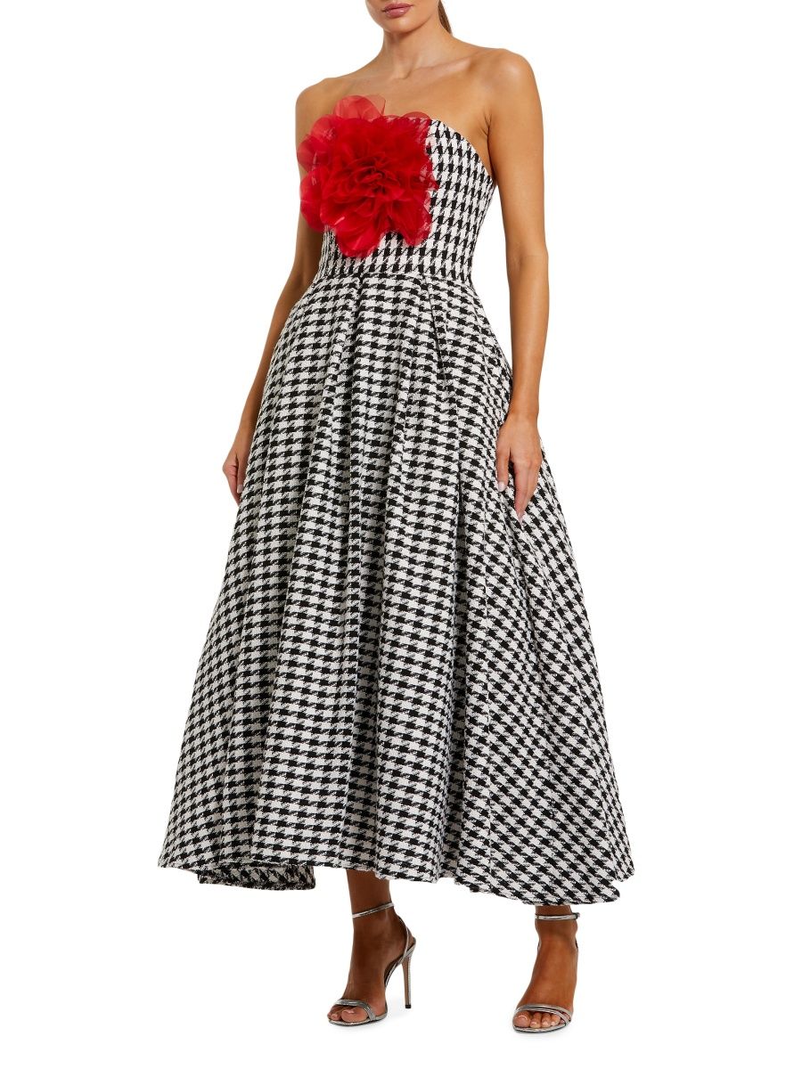 Mac Duggal Women's Strapless Hounstooth Midi-Dress - Black White - Size 10