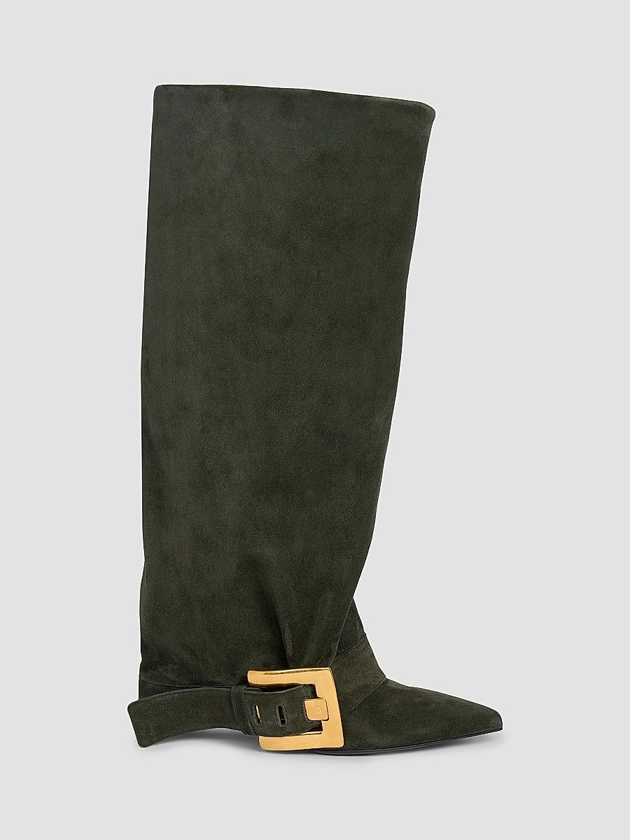 Balmain Women's Anthem 75MM Suede Knee-High Boots - Kaki Fonce - Size 9.5