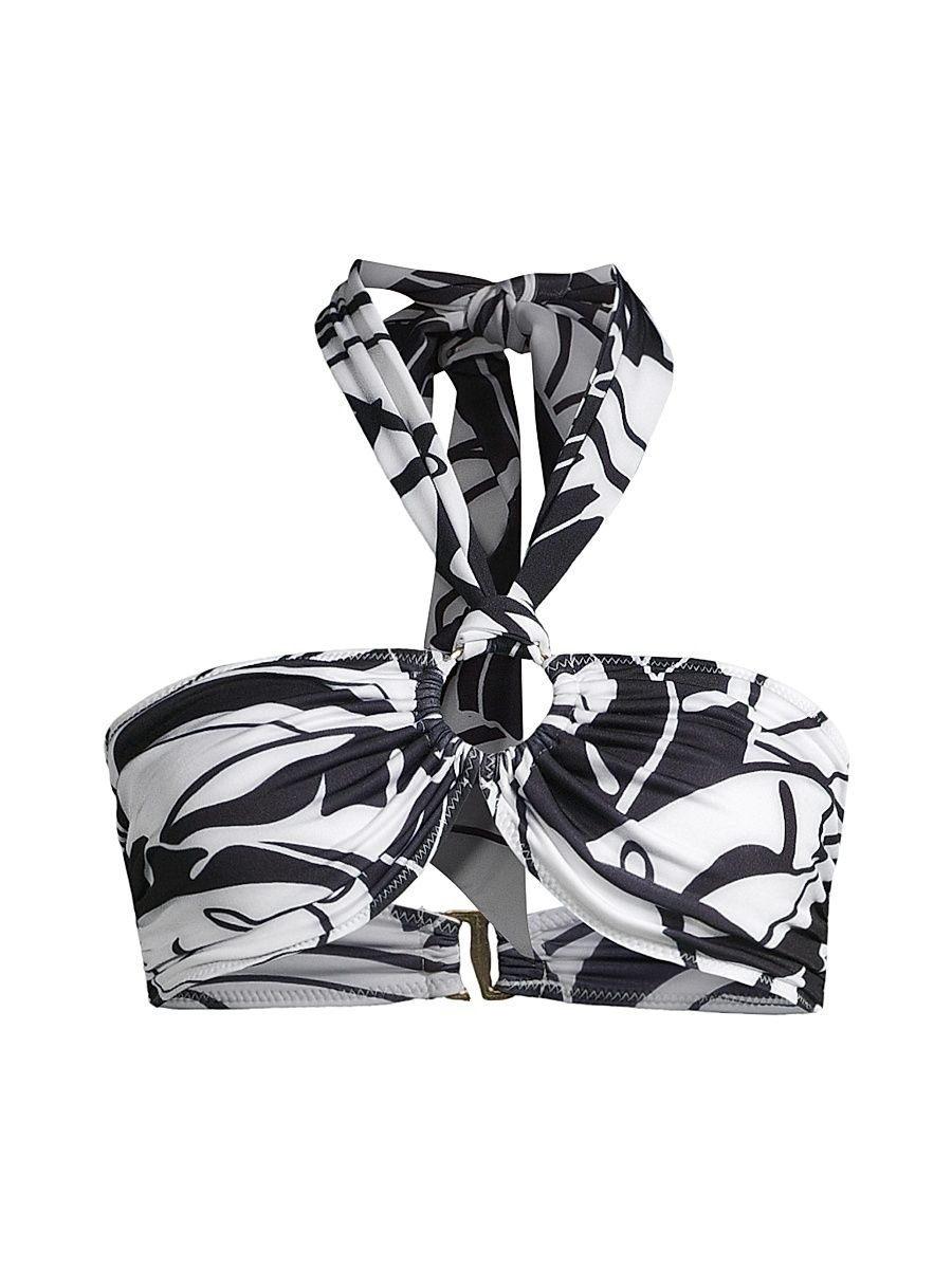 Women's Marie Palm Print Bikini Top - Black White Exotic Palm - Size Large