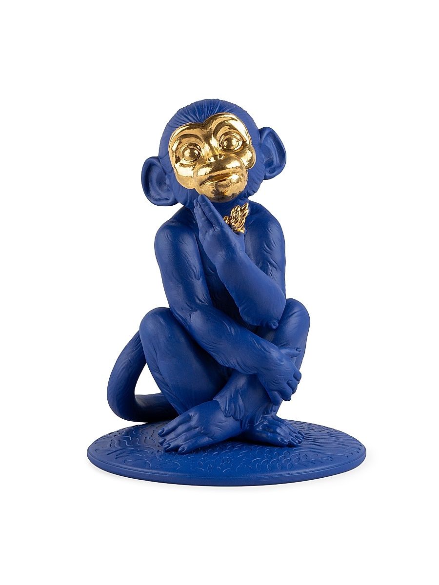 Boldblue Little Monkey Porcelain Sculpture - Blue Gold