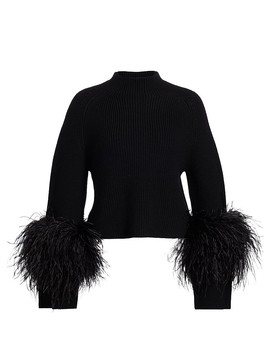Women's Merino Wool Feather-Cuff Sweater - Black - Size XL