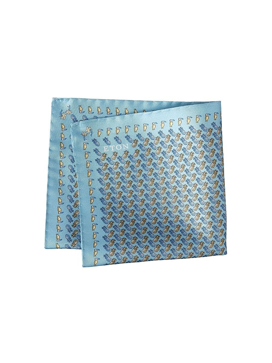 Men's Pineapple Print Silk Twill Pocket Square - Light Blue