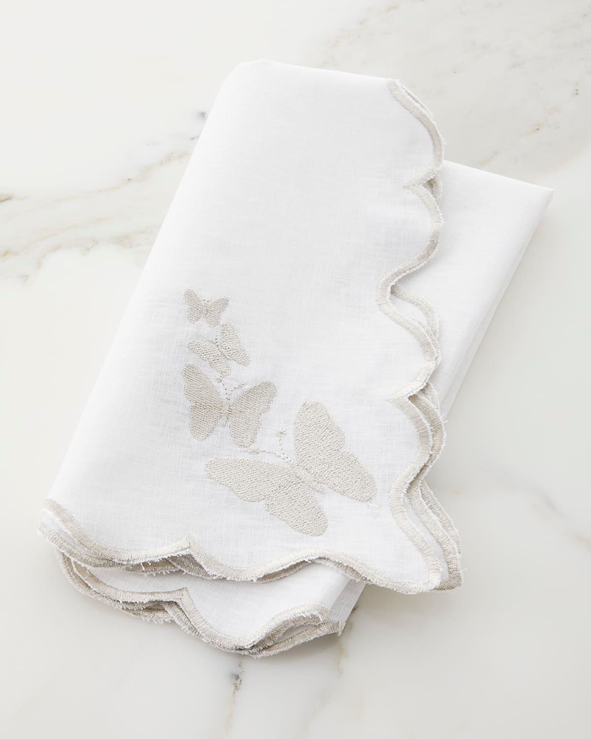 White Linen Silver Butterfly Scalloped Edged Embroidered Napkin