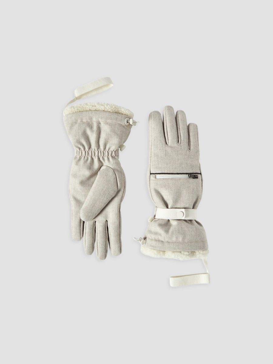 Brunello Cucinelli Women's Virgin Wool Flannel Mountain Gloves with Shearling Insert, Thermore Padding and Monili - Cool Beige - Size Large