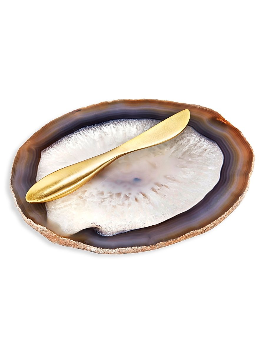 Ita 2-Piece Agate & Brass Cheese Plate and Knife Set - Grey